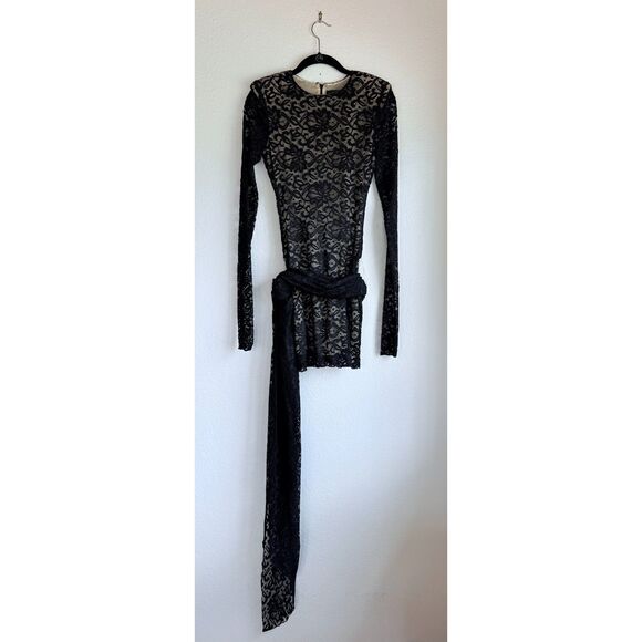 NWOT Rotate Illusion Lace Self Tie Long Sleeve Bodycon Mini Dress in Black Sz 4 - Picture 6 of 16